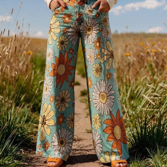 Denim - Green Casual Women's Floral High Waist Jeans